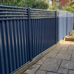 Blue Metal Fence with Contemporary 5 Trellis