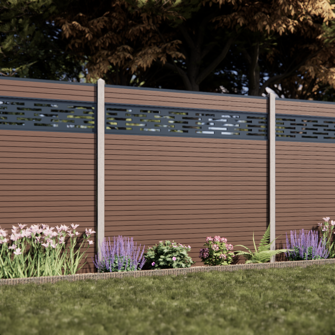 EGF Modern Slatted in Teak with Linear Plus One Trellis - 180cm - Concrete Posts