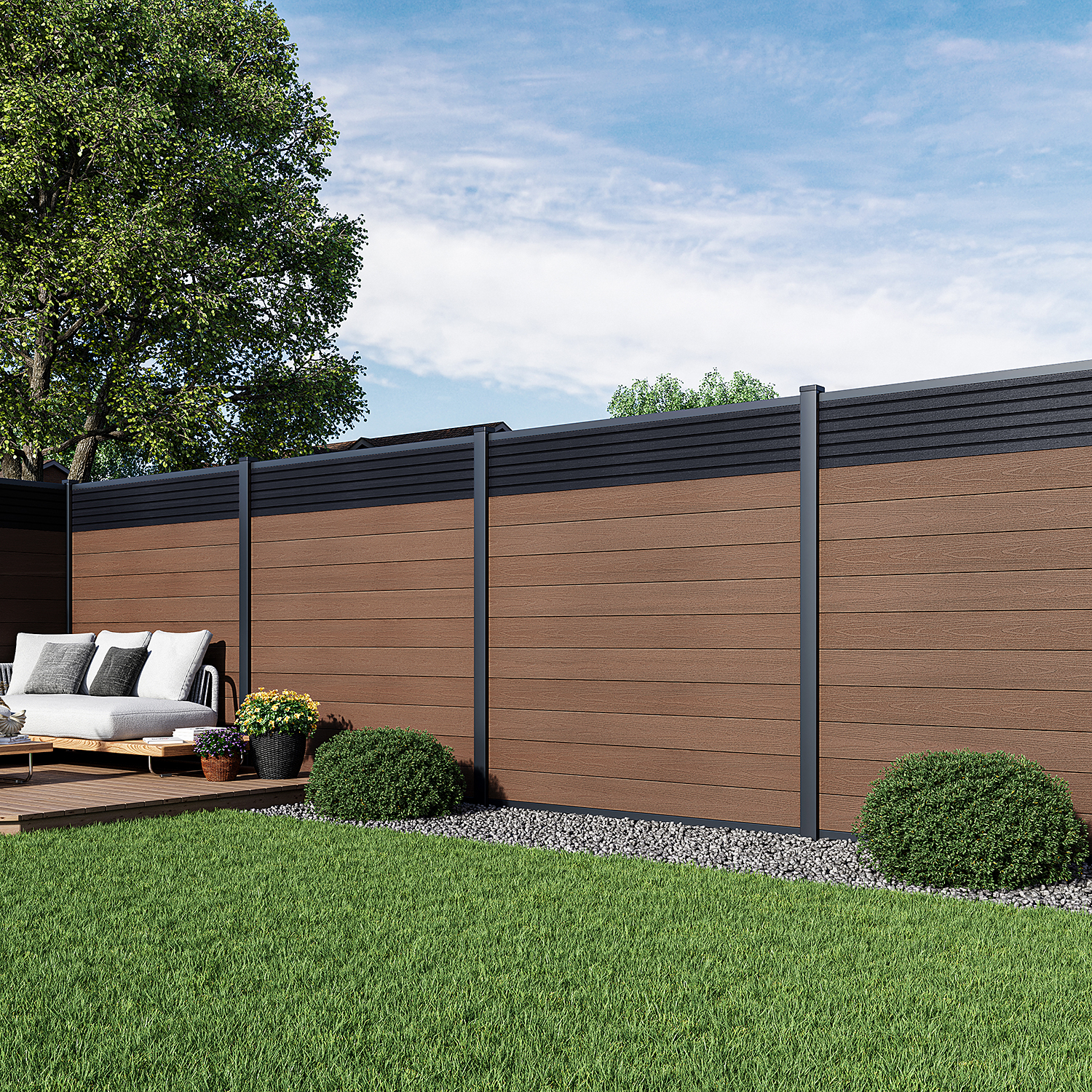 EGF Classic Woodgrain Fence in Teak with Black Contour Privacy Trellis - 180cm - Aluminium Posts