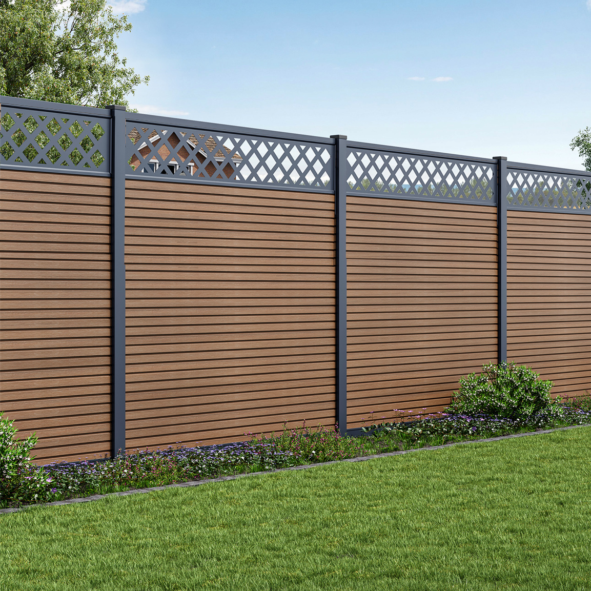 EGF Modern Slatted in Teak with Diamond Trellis - 180cm - Aluminium Posts